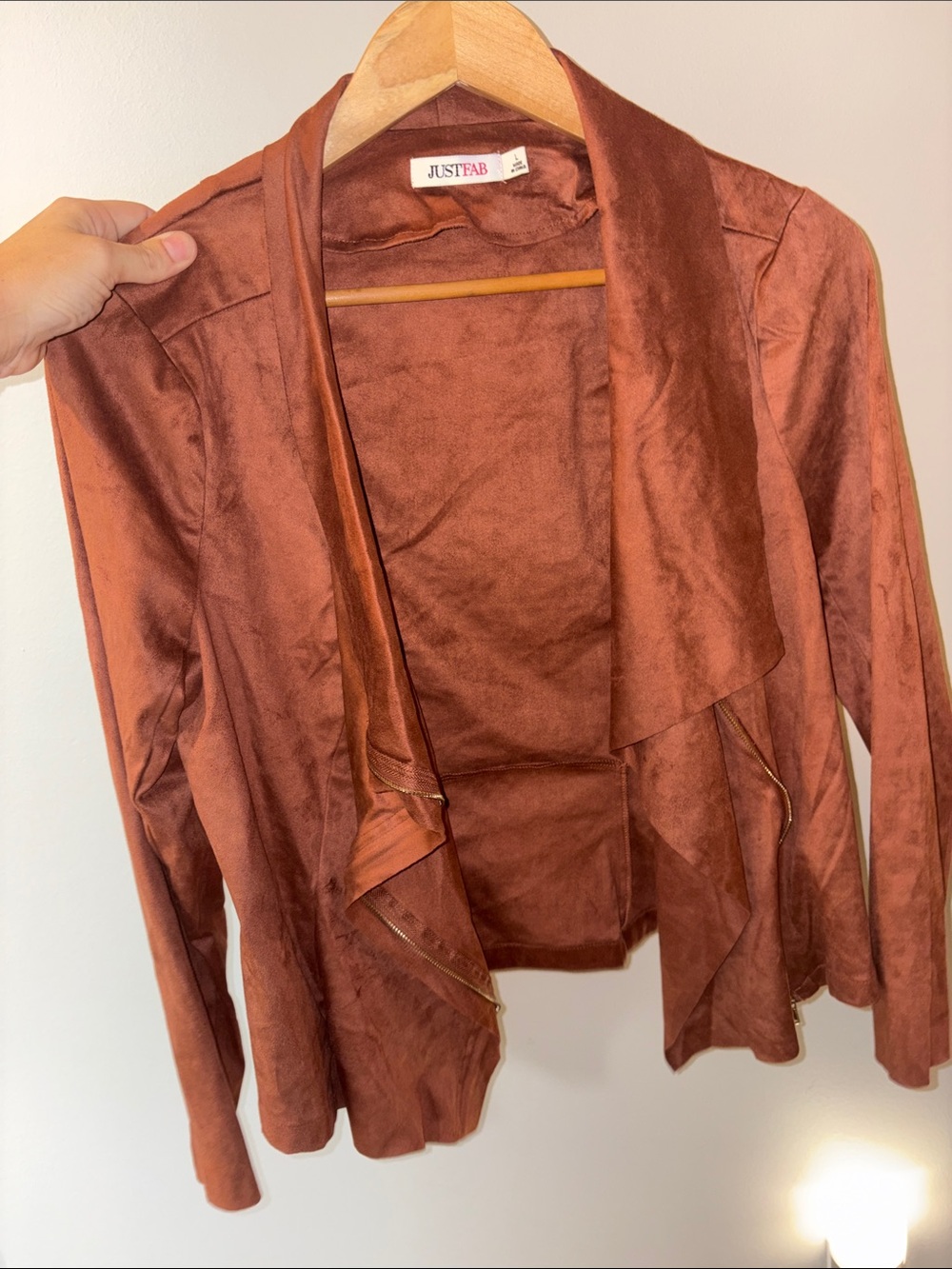 OFFERS OPEN! Women’s large suede JustFab Copper Rust Draped Faux Suede Jacket